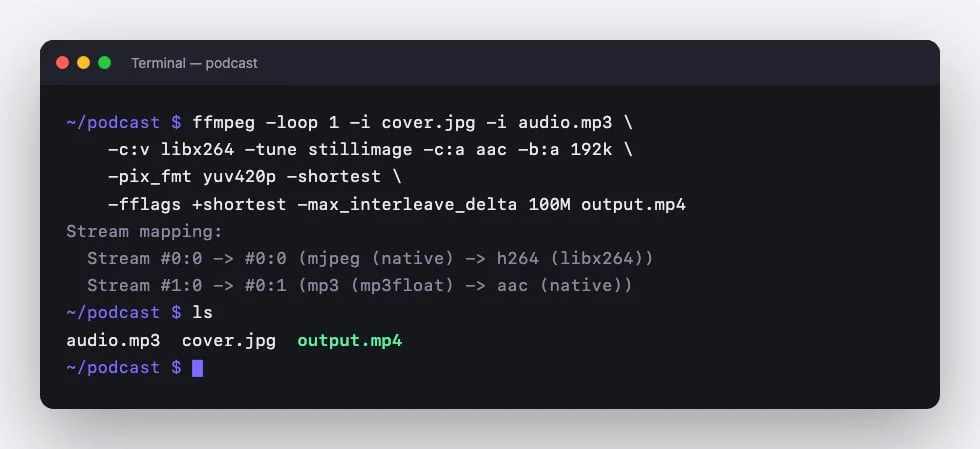 Terminal showing the FFmpeg command and the new output.mp4 file