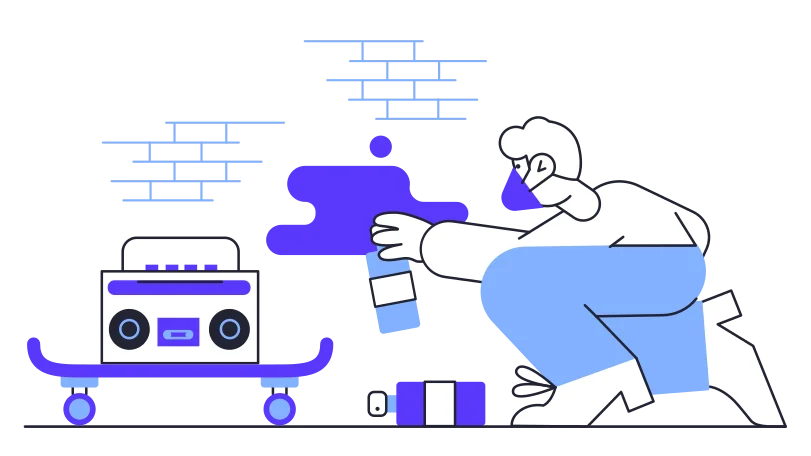 Illustration of a guy creating podcast art on the wall