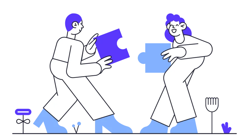 Illustration of a guy and a girl putting 2 pieces of a puzzle together which represents collaboration in their work