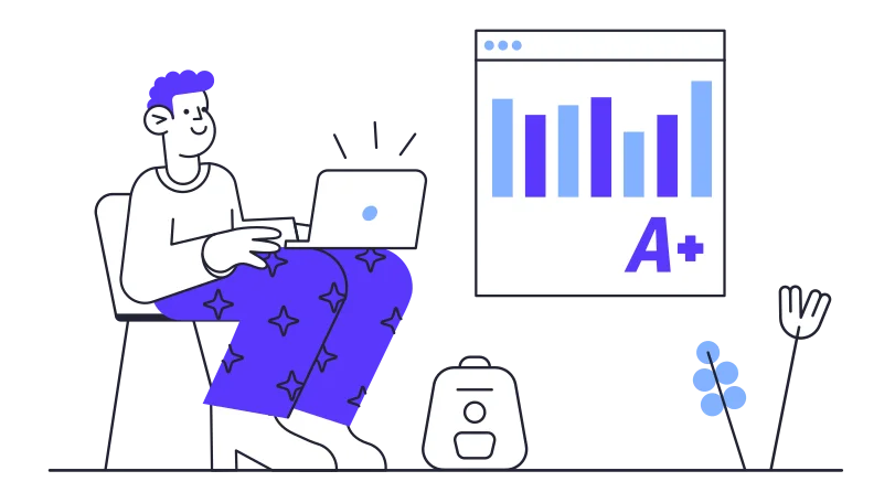 Illustration of a guy getting an A+ for an online course