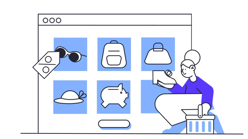 Illustration of a girl selling podcast merchandise