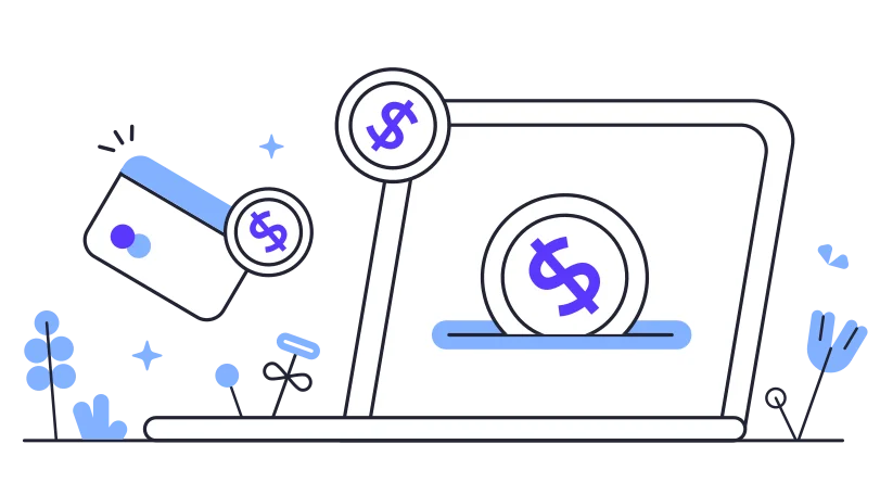 Illustration of coins falling out of the bank card into a laptop