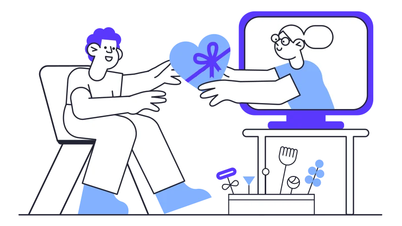 Illustration of girl giving a present to a guy through the television