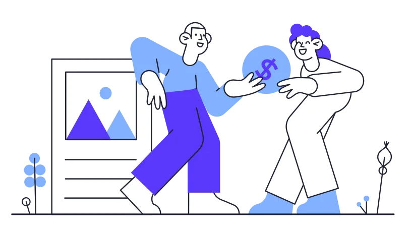 Illustration of a guy giving a girl money to sponsor her