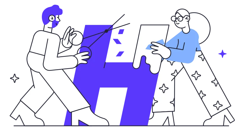 Illustration of a girl and guy in a workshop working on a hashtag